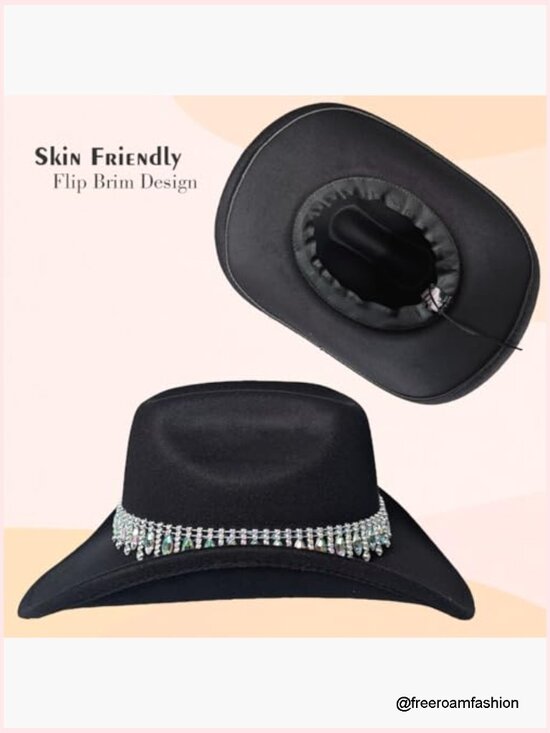 Rhinestone Cowboy Hat Wide Brim Rolled-Up Cowgirl Adjustable Fedora Party